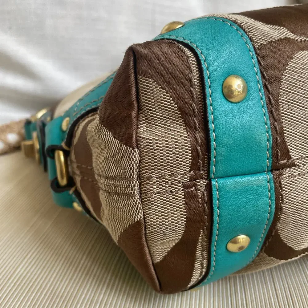 Rare Y2K Coach Carly Small Signature Hobo Bag | Brown, Turquoise Blue, Turnlock
